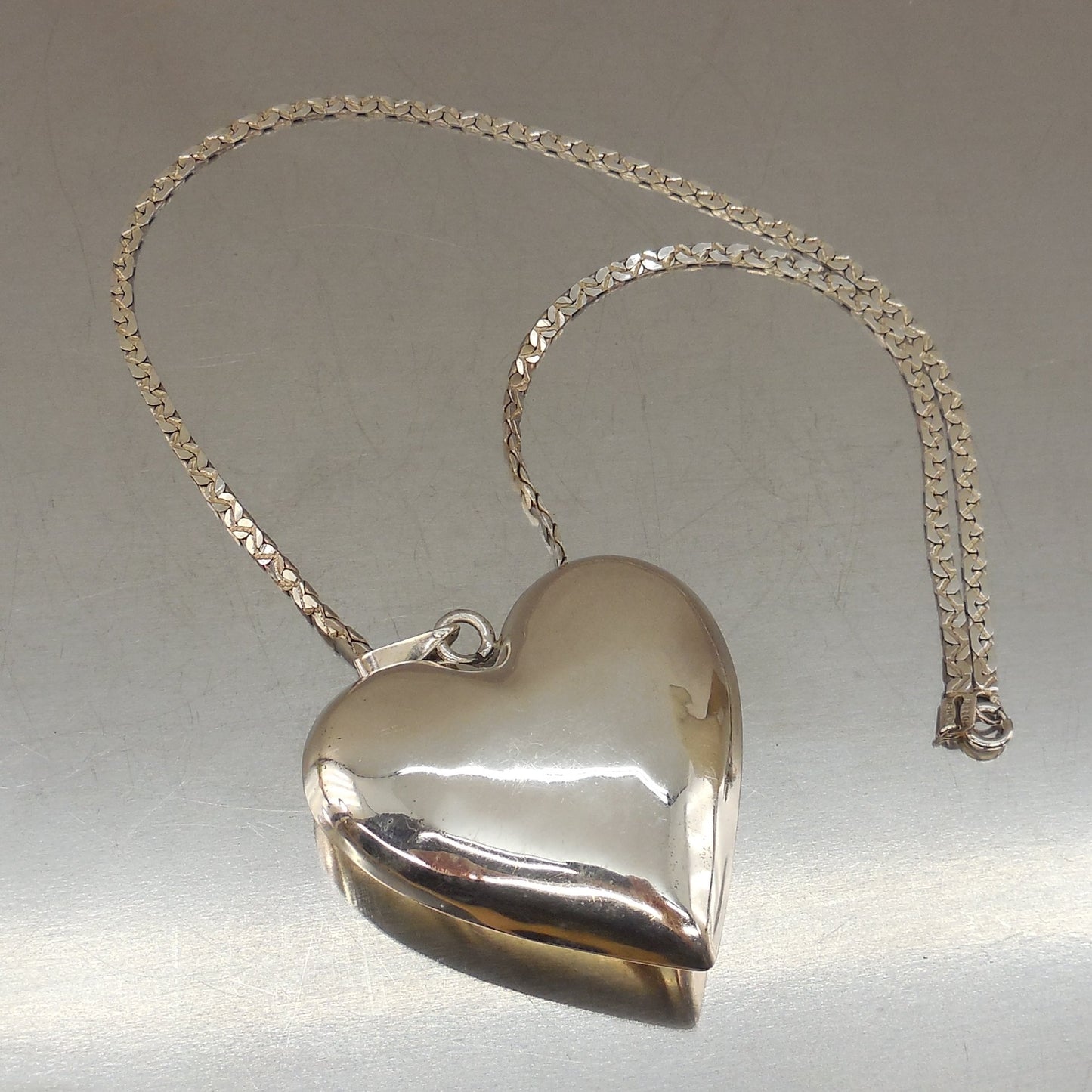 Taxco Mexico 925 Sterling Puffy Heart Pendant Necklace Large 2" Signed