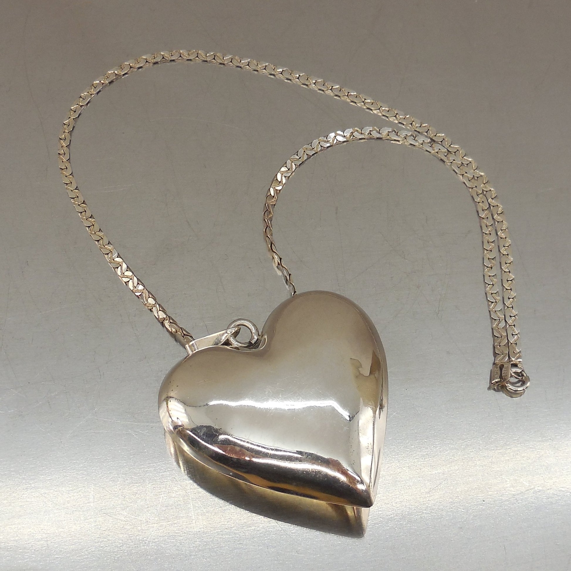Taxco Mexico 925 Sterling Puffy Heart Pendant Necklace Large 2" Signed