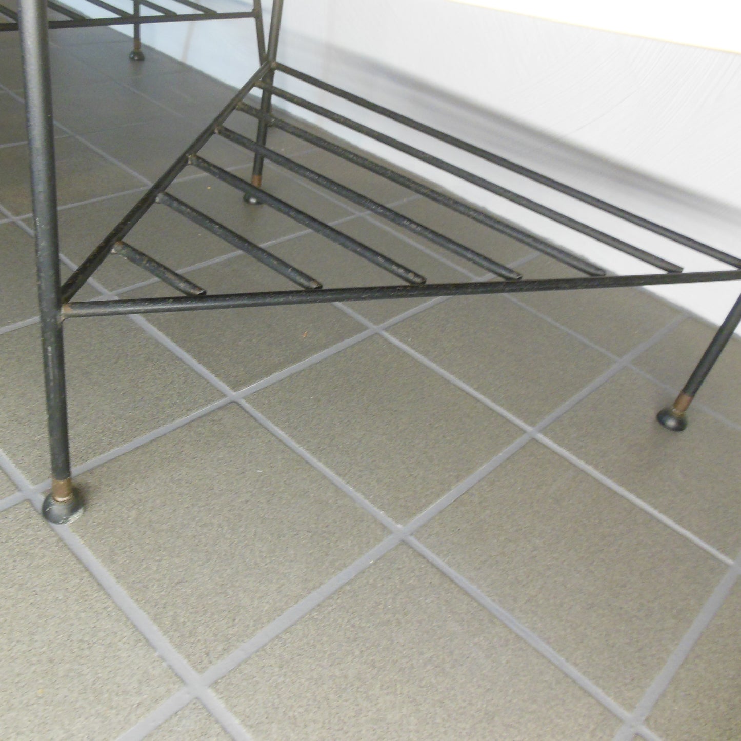 MCM Atomic 1950-60's Coffee & 3 Tier End Table Set Gray Laminate Iron Legs Magazine Rack Triangle