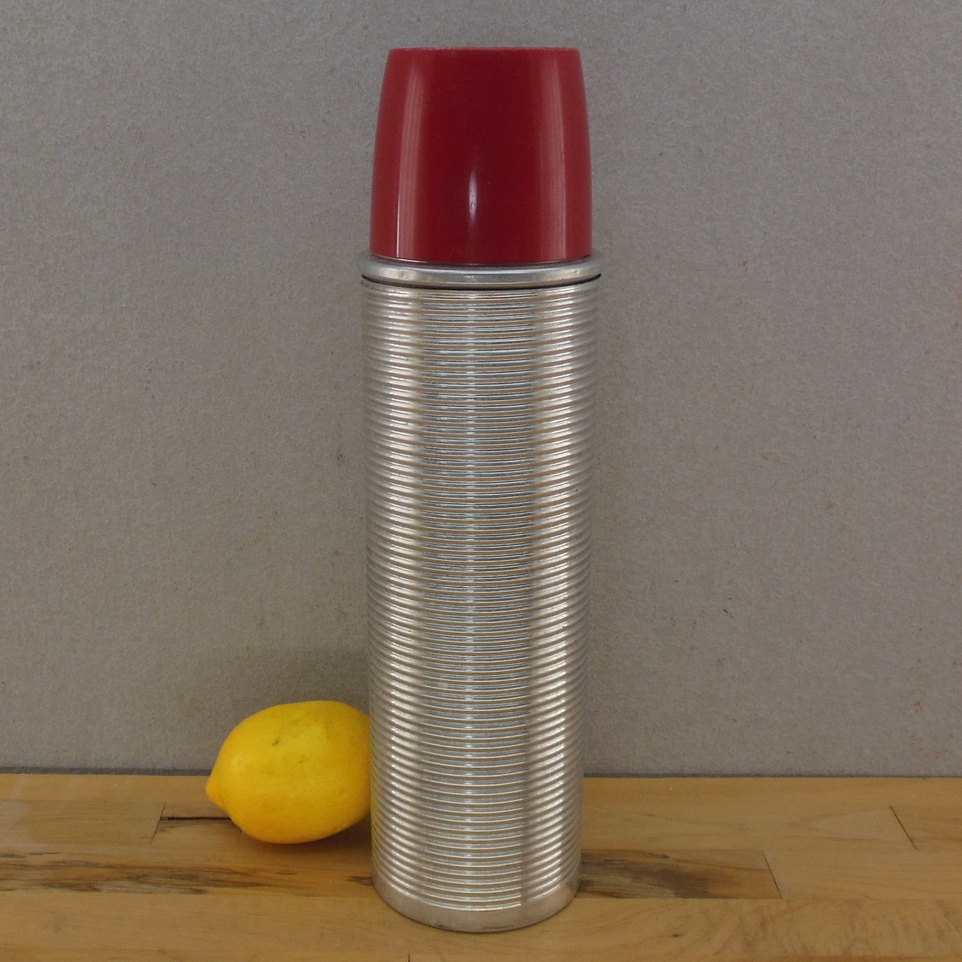 Vtg. Thermos Bottle No. 2484 Ribbed Aluminum Poly Red Cap Cups