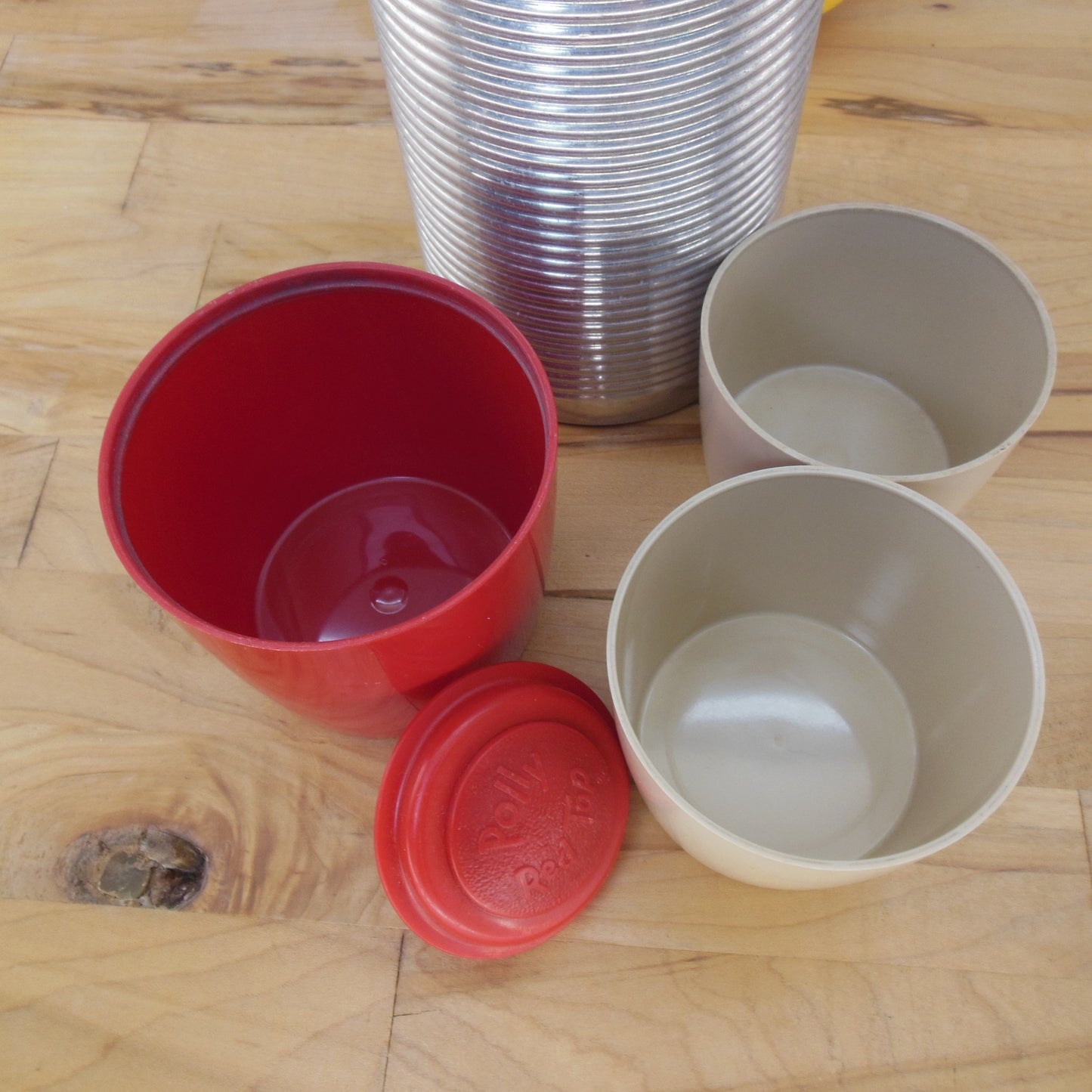 Vtg. Thermos Bottle No. 2484 Ribbed Aluminum Poly Red Cap Cups Used
