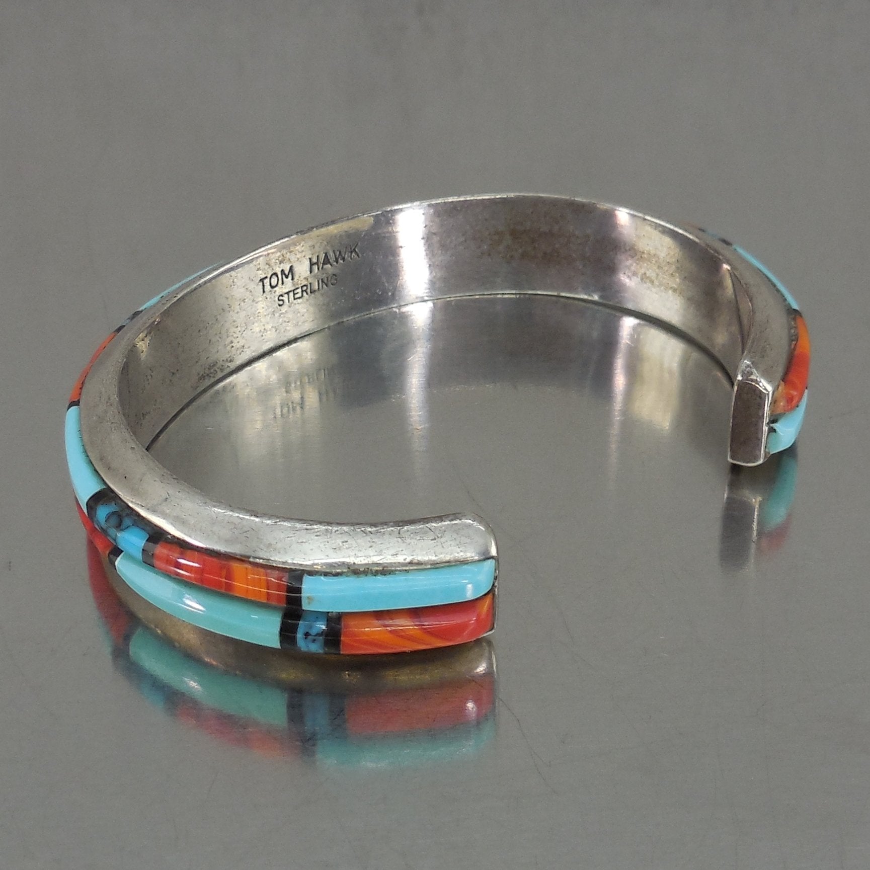 Tom Hawk Navajo Signed Sterling Silver Cuff Bracelet Turquoise Oyster Vintage