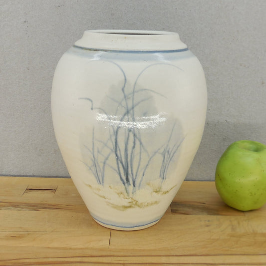 Signed Studio Pottery Vase Blue Reeds Grass Landscape