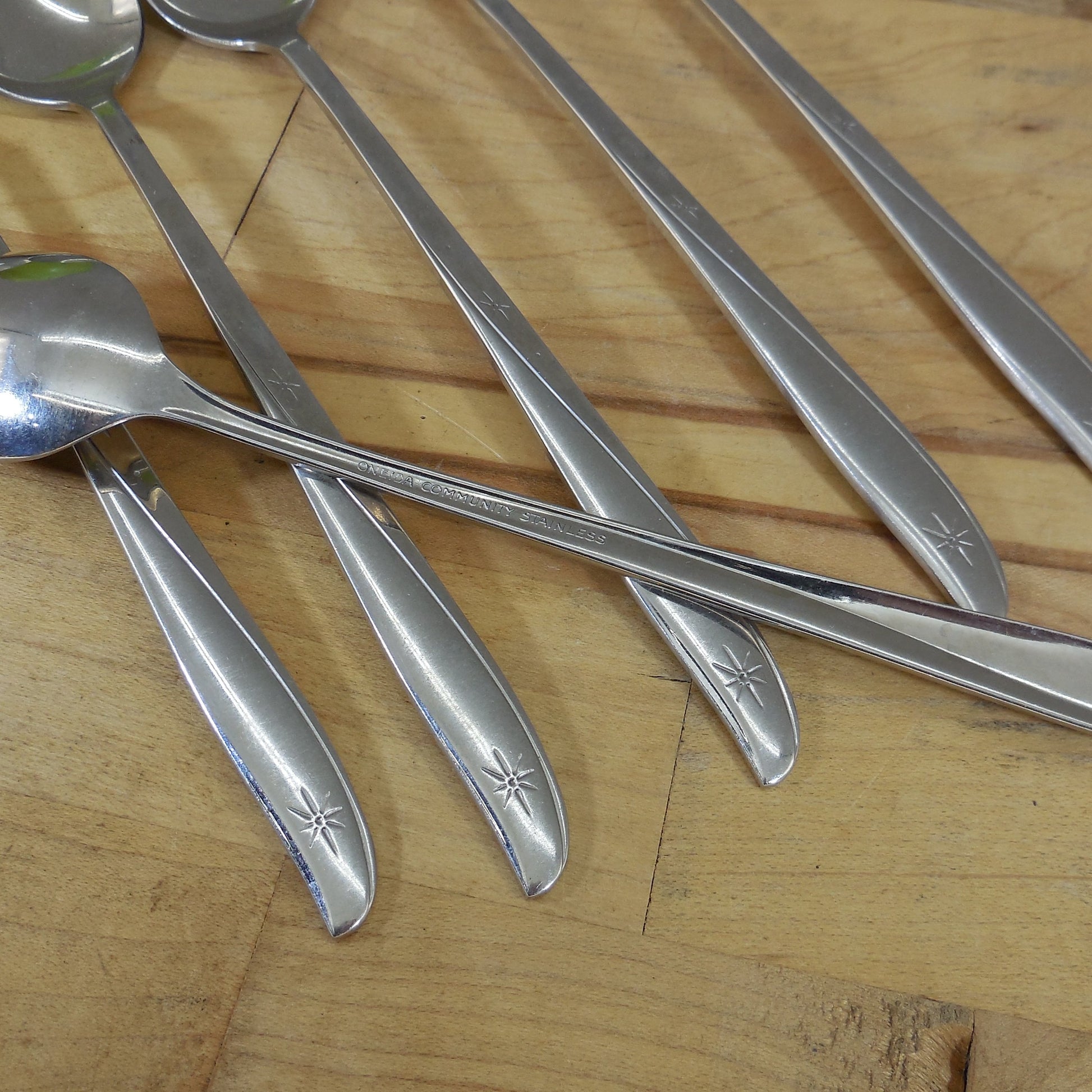 Oneida Community Twin Star Stainless Iced Tea Spoons 6 Set Atomic Starburst Vintage Used