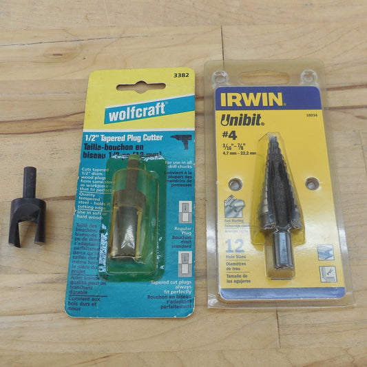 3 Tool Lot Irwin Unibit #4 3/16" - 7/8" Wolfcraft & Stanley 1/2" Tapered Plug Cutter New