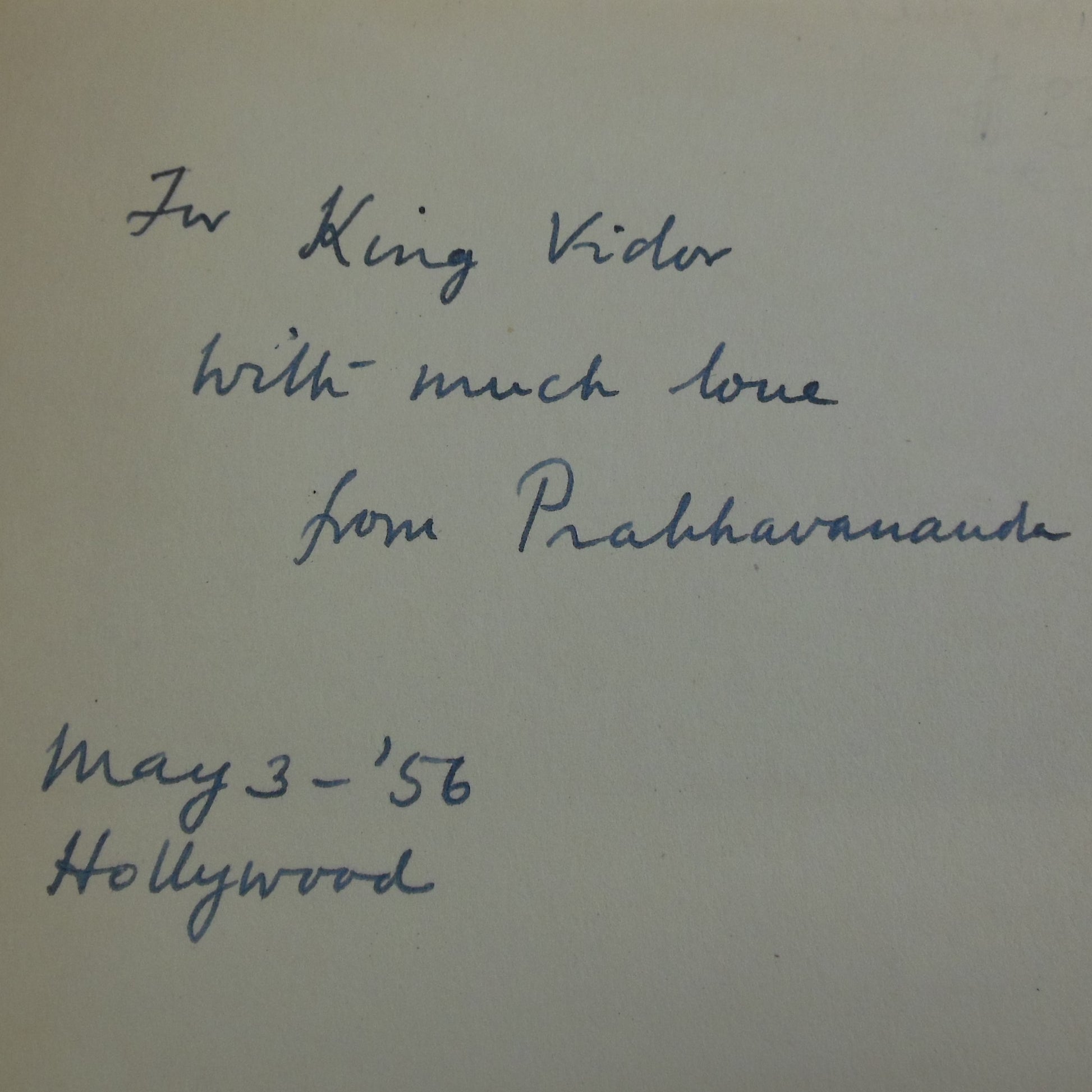 Swami Prabhavananda Signed Book to King Vidor - Vilwamangal Girish Ghosh 1956 inscribed