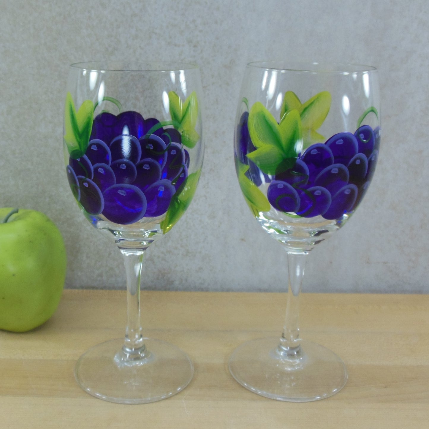 Wine Glass Goblet Pair Hand Painted Purple Green Grapes