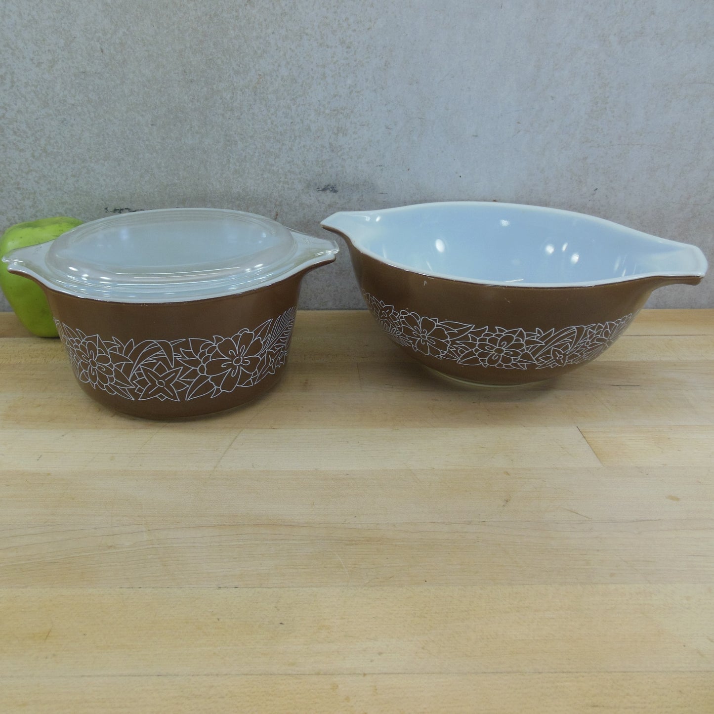 Pyrex Glass USA Woodland Brown Cinderella Mixing Bowl & Casserole Dish