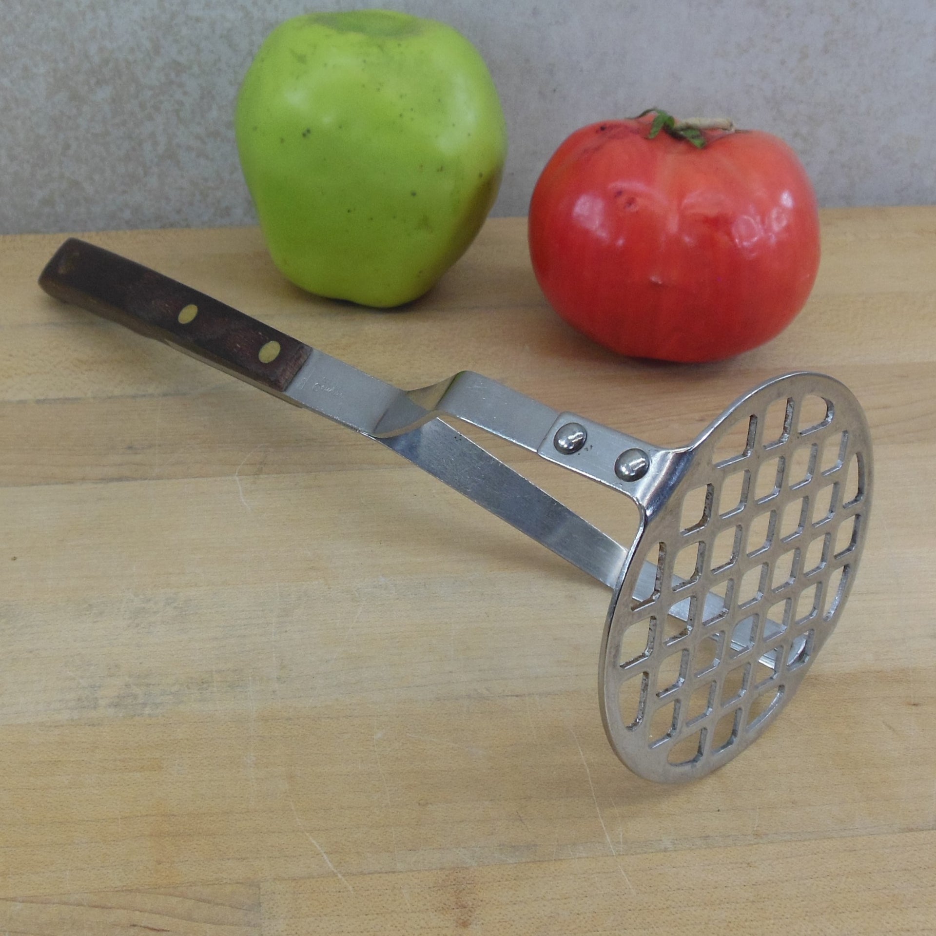 Vintage Unbranded Potato Masher Stainless with gold plastic Handle