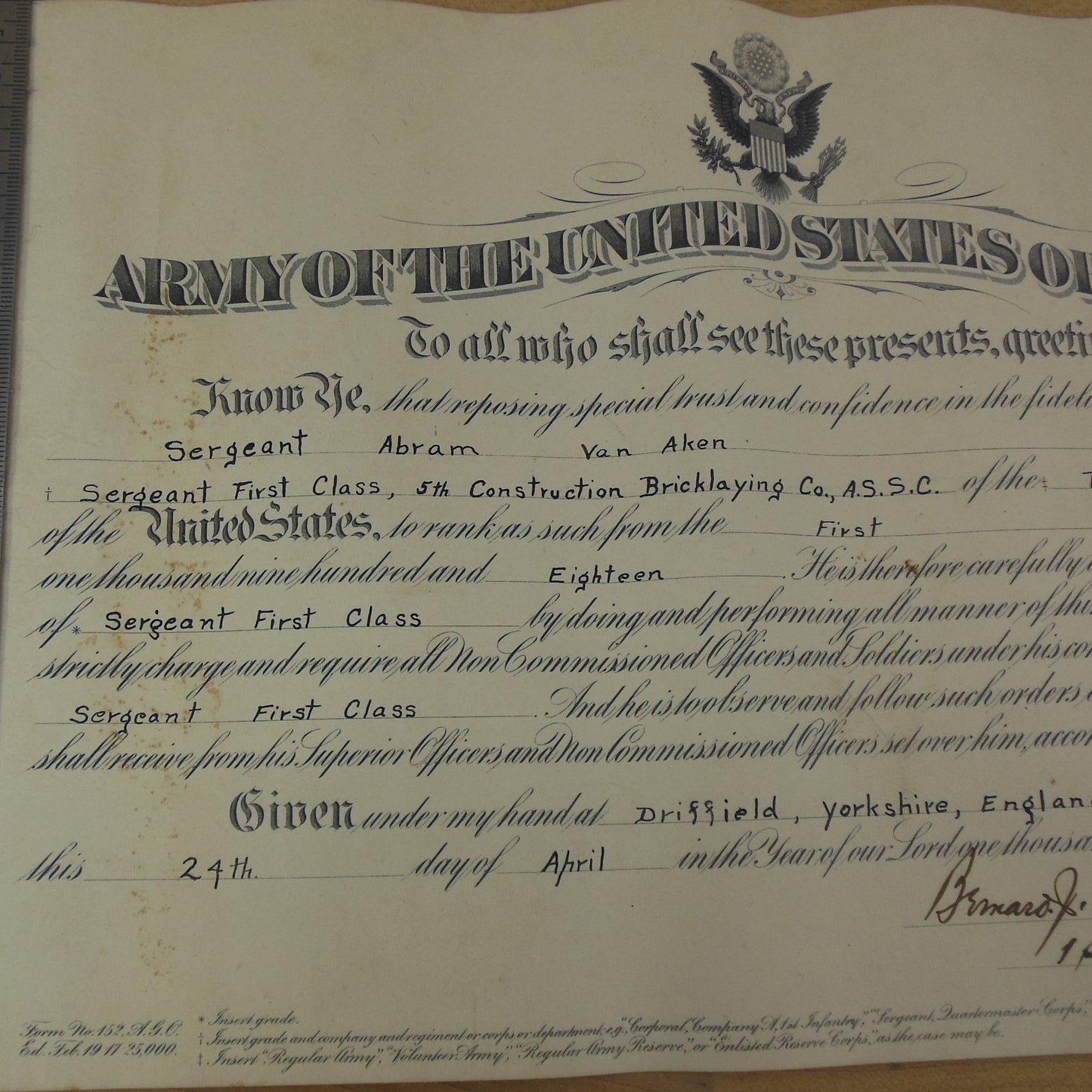 WWI 1918 US Army Promotion Certificate Sergeant 1st Bricklayer Co. England Antique