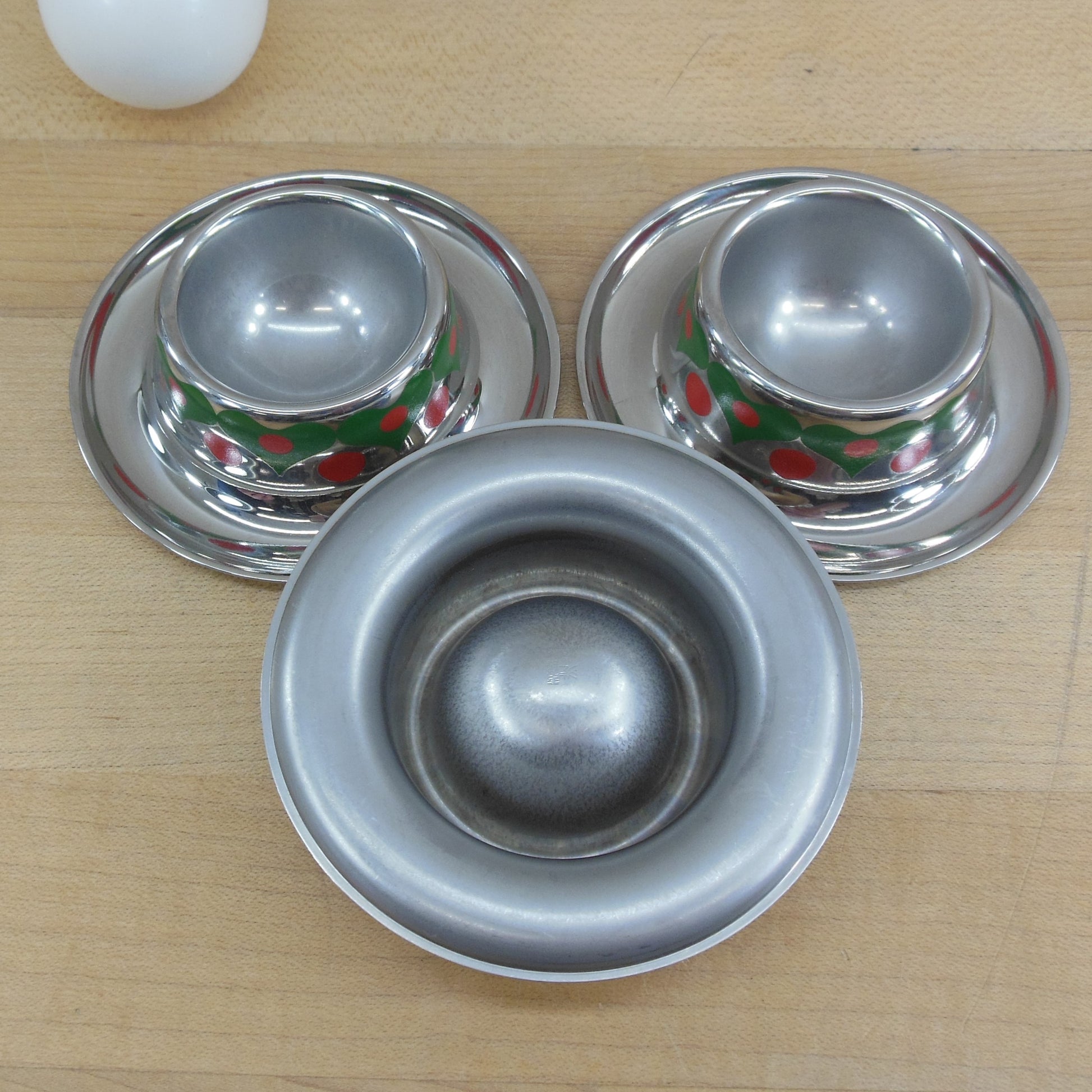 WMF Germany Cromargan Stainless Egg Cups Green Red Hearts - 3 Set Used