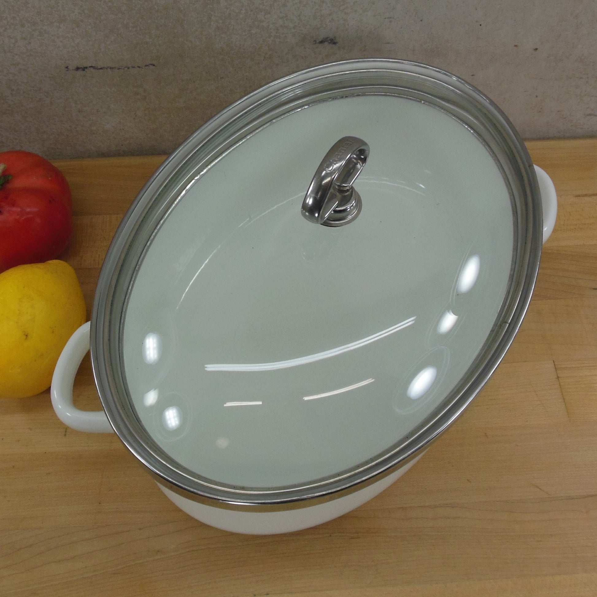 Chantal White Enamelware 4 Quart Oval Roaster Pot Glass Lid Vintage