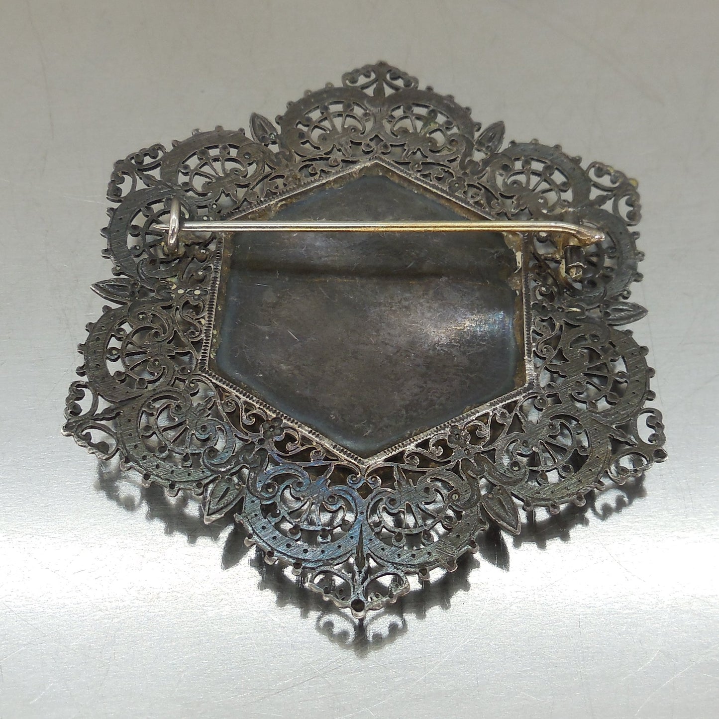 Old Arabic Islamic WORLD Silver Filigree Pin Brooch Hexagon Used