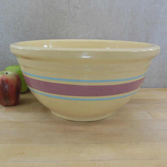 Watt McCoy Large 12" Yellow Ware Pottery Mixing Bowl Pink Blue Stripe