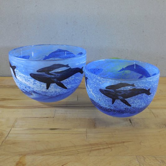 Malcolm Sutcliffe Pair Cameo Art Glass Bowls Whales Blue Black