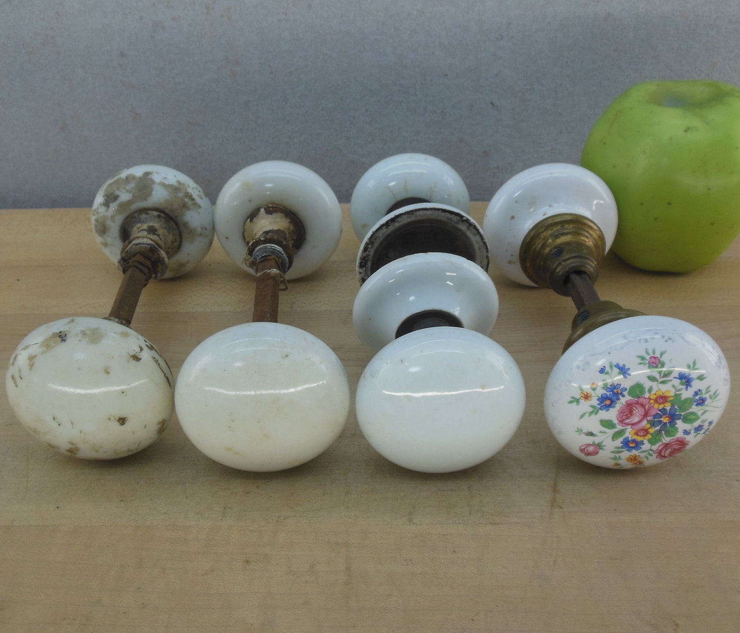 Antique 4 Lot White Porcelain Door Knob Set Mortise Lockset - Flowers Rosette Flowers