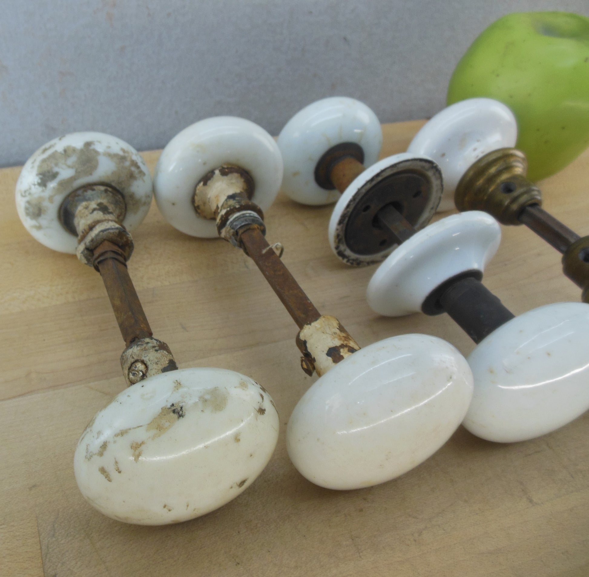 Antique 4 Lot White Porcelain Door Knob Set Mortise Lockset - Flowers Rosette