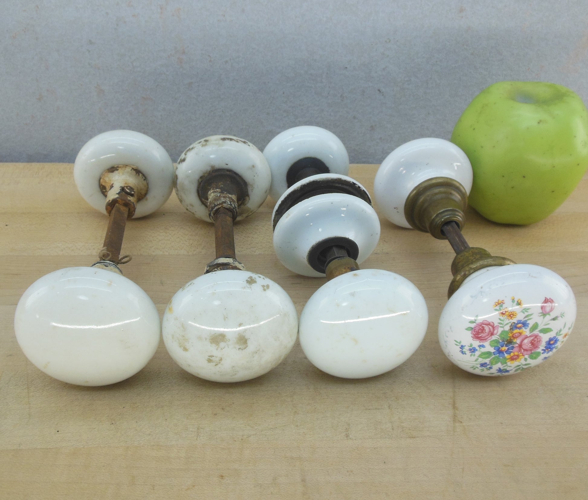 Antique 4 Lot White Porcelain Door Knob Set Mortise Lockset - Flowers Rosette Unrestored