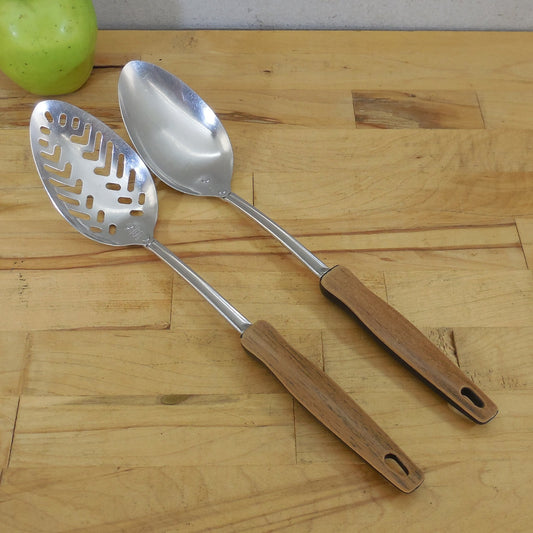 SOLD... Ekco USA Pair Spoons Solid/Slotted Faux Wood Handle Stainless Steel