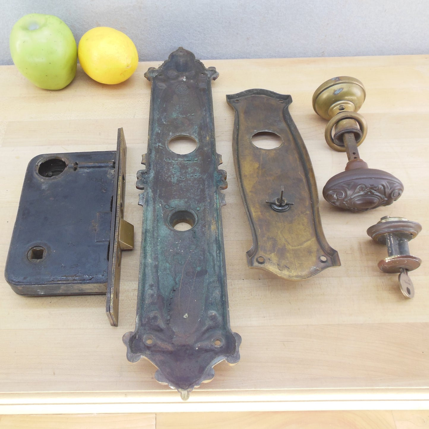 Antique Ornate Bronze Brass Yale Mortise Door Lock Set Unrestored - Marriage? Back plates
