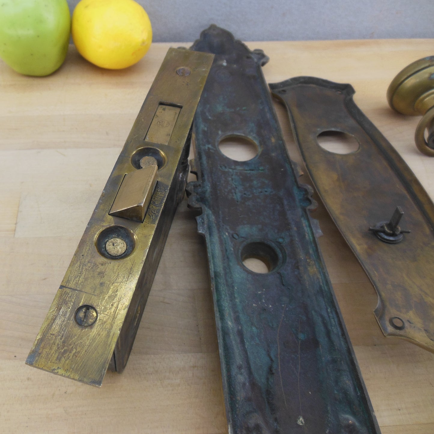 Antique Ornate Bronze Brass Yale Mortise Door Lock Set Unrestored - Marriage? push button