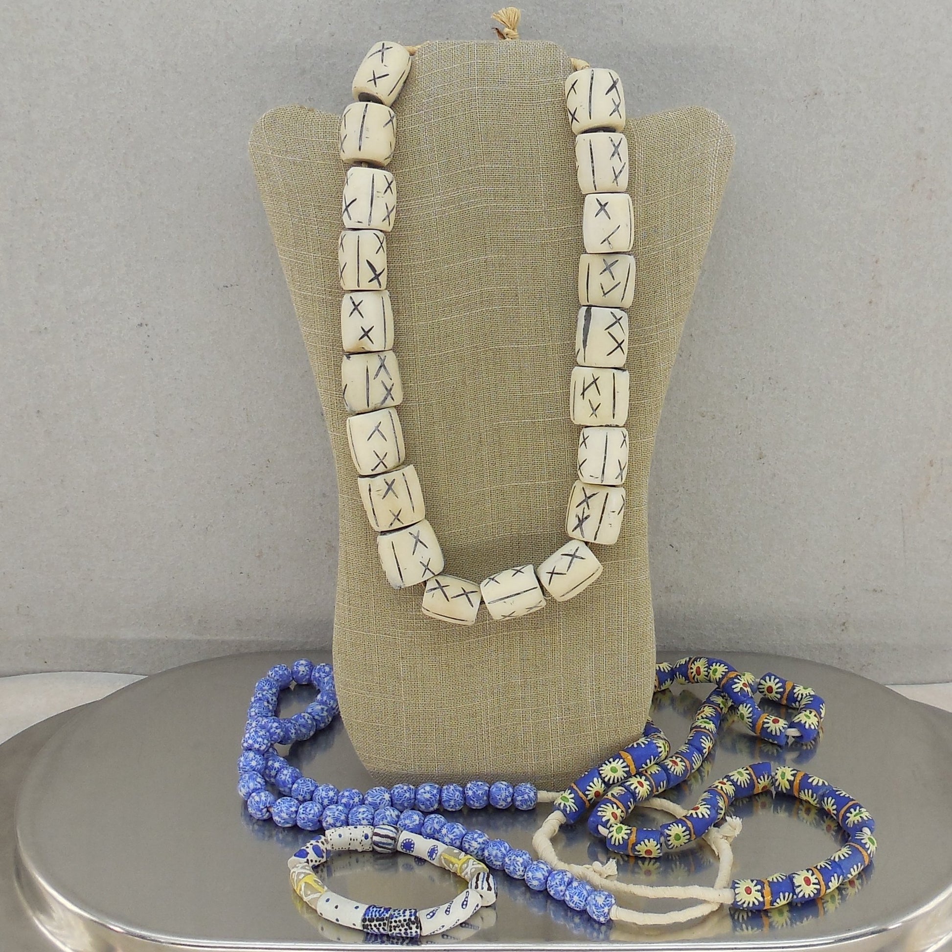 African Trade Ceramic Bead Necklace 3 Lot & Bracelet Tribal Bone