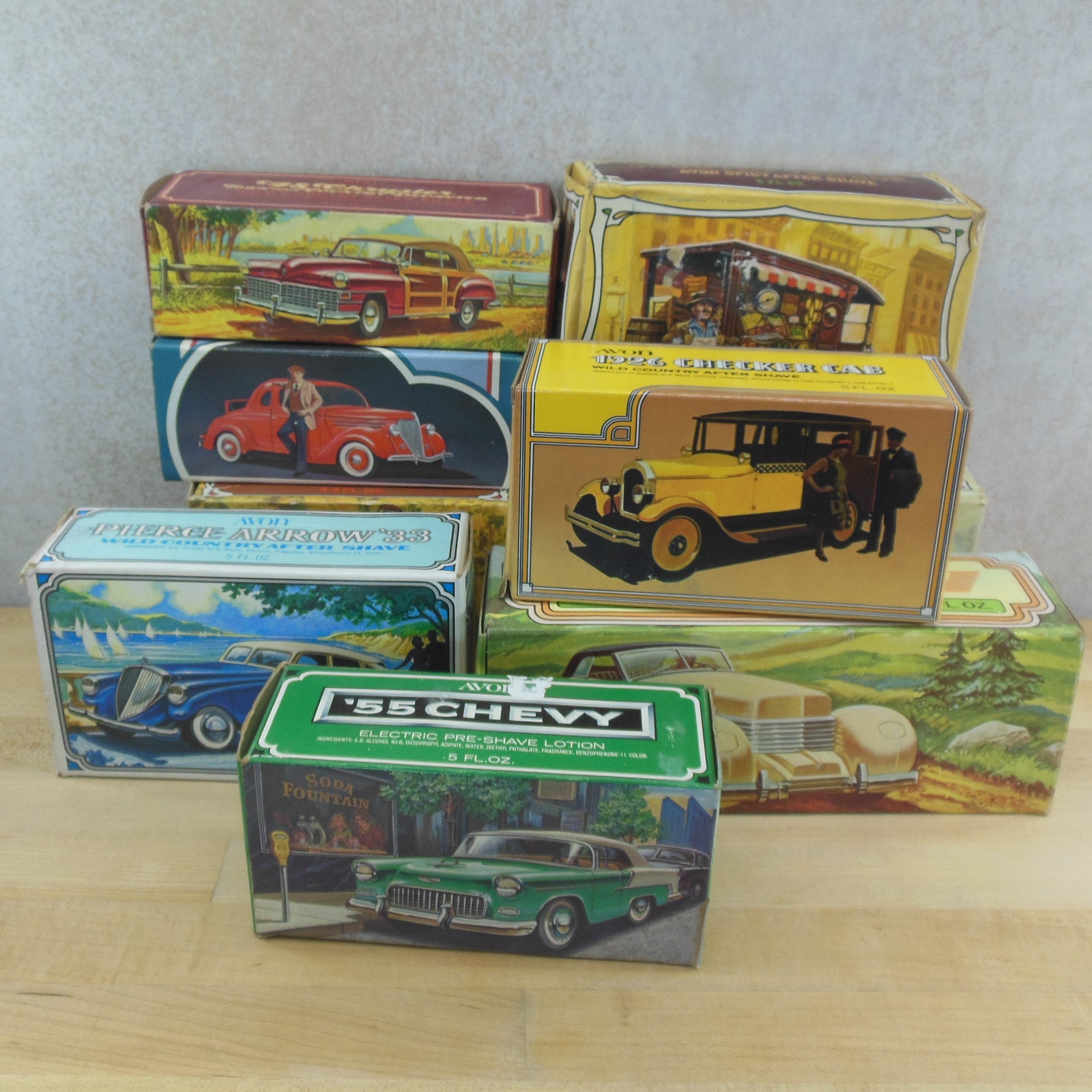 Avon After Shave Bottles Boxed 9 Lot Cars Ford Chevy Pierce