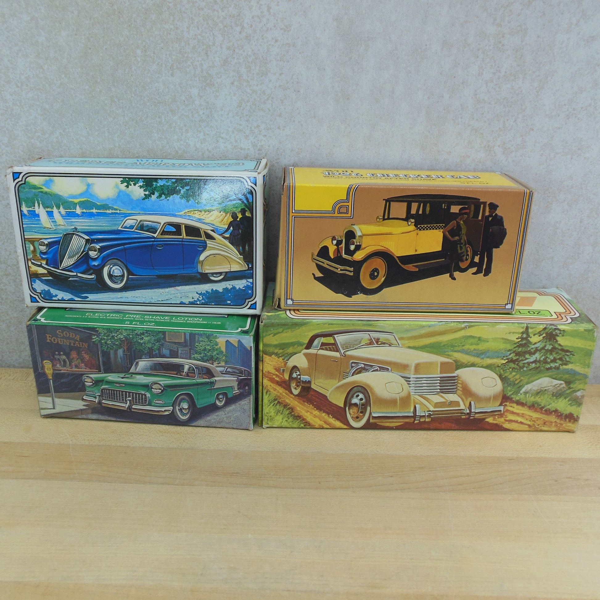 Avon Aftershave Bottles Boxed 9 Lot - Cars Ford Chevy Pierce Arrow Chrysler REO Cord Used