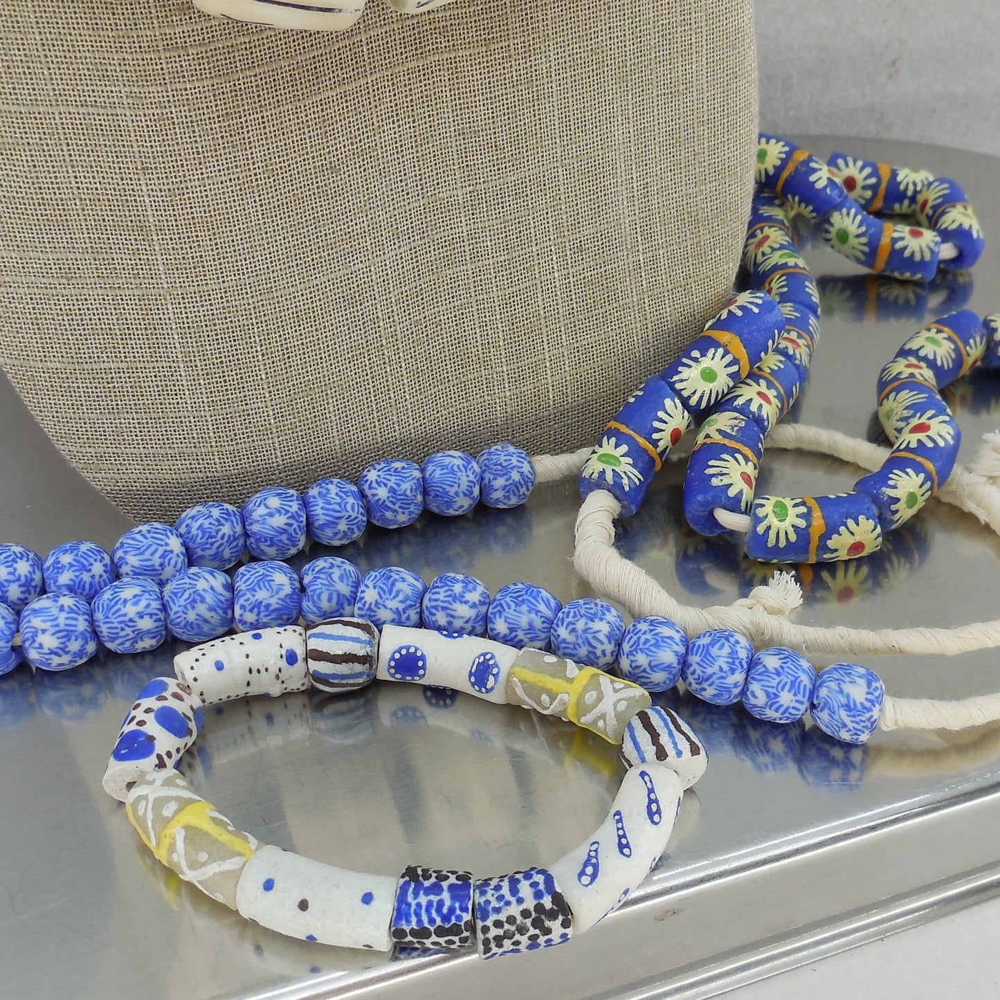 African Trade Ceramic Bead Necklace 3 Lot & Bracelet Tribal ethnic