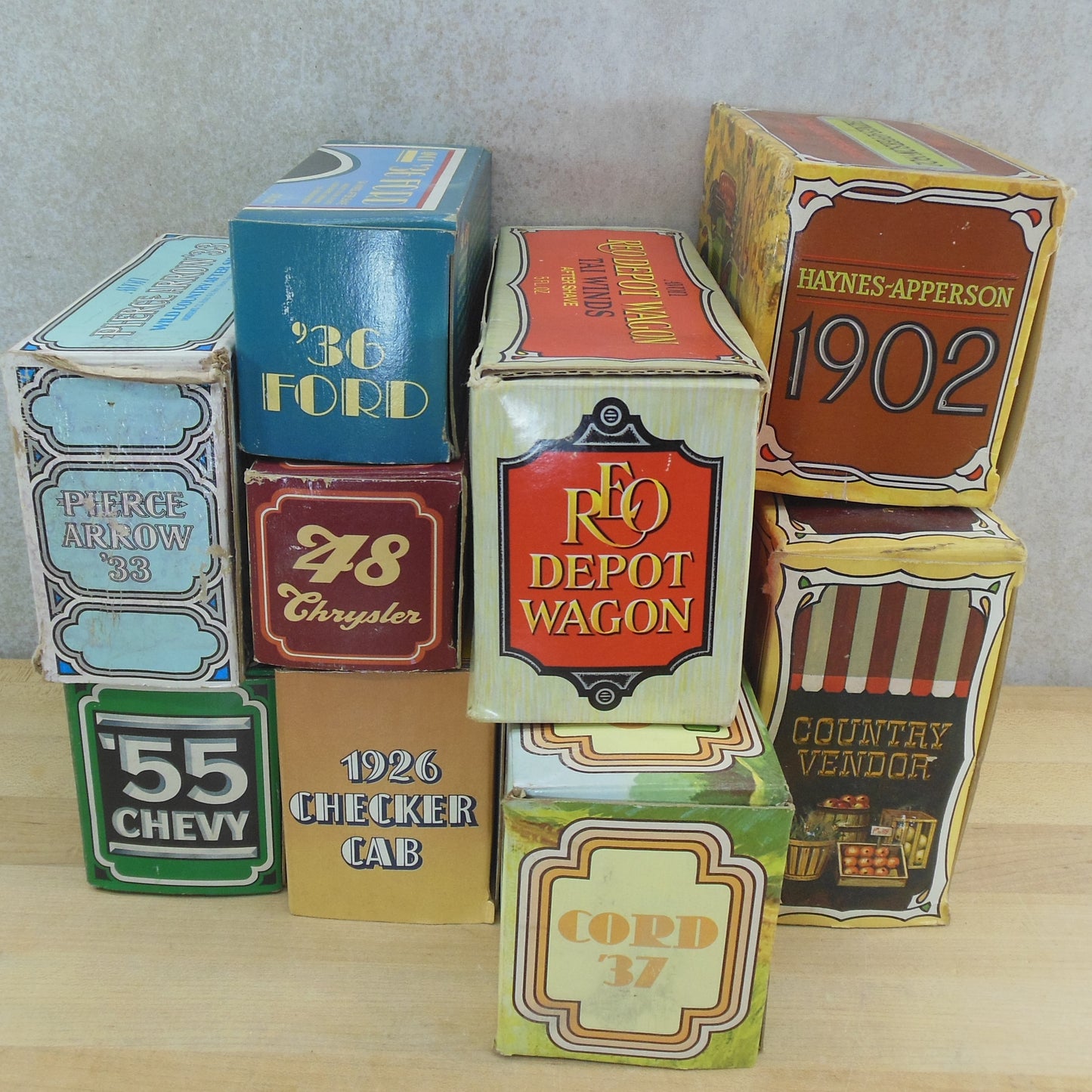 Avon Aftershave Bottles Boxed 9 Lot - Cars Ford Chevy Pierce Arrow Chrysler REO Cord Vintage