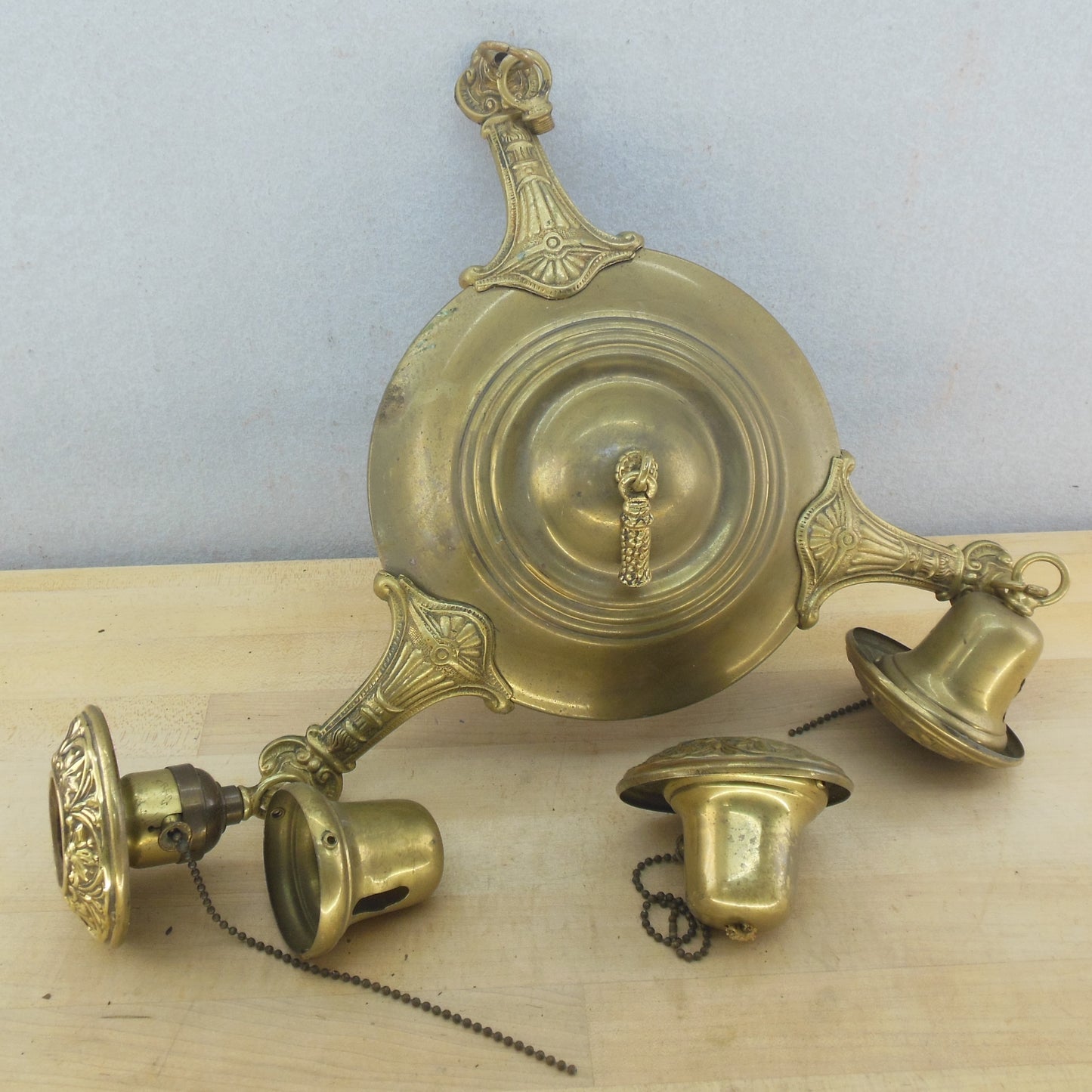 Antique Victorian Ornate Brass Chandelier Hanging Hall Ceiling Light For Repair 3 Arm Socket