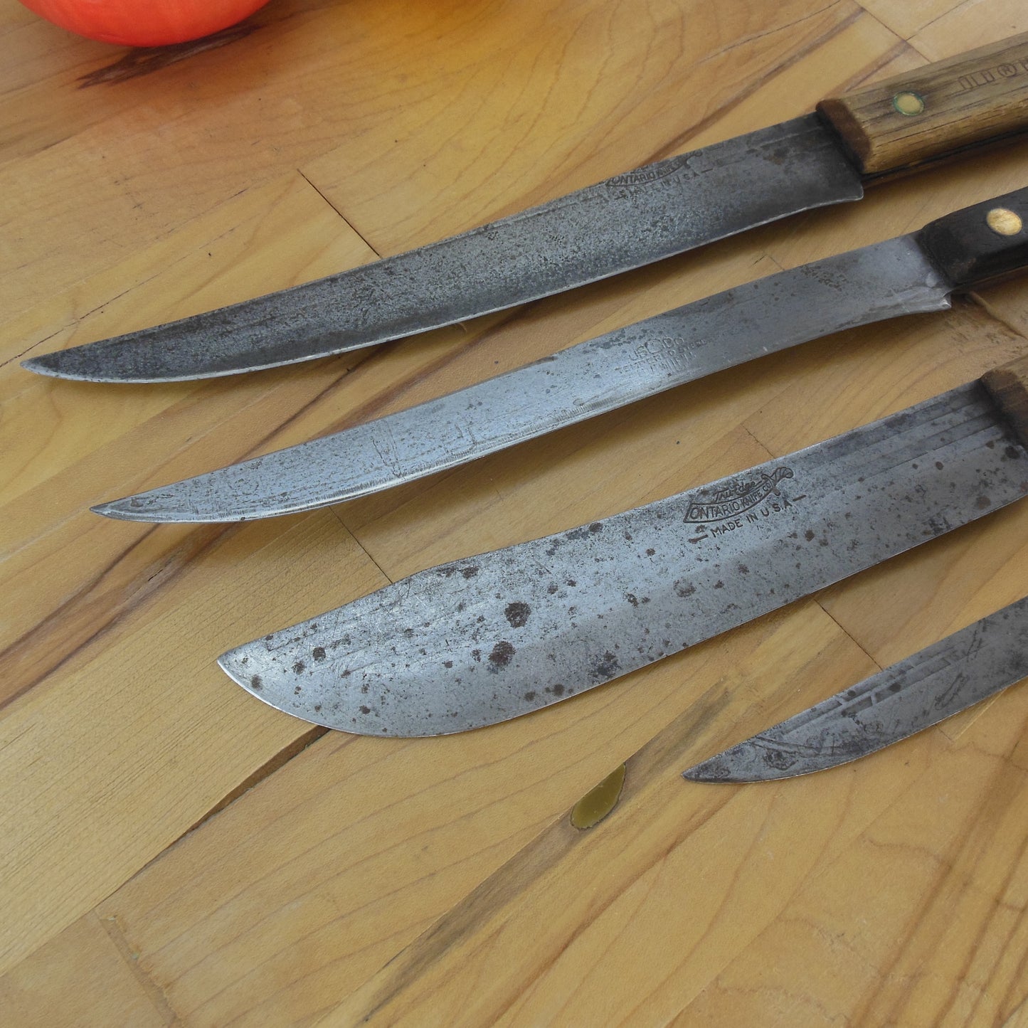 Carbon Steel Knives 4 Lot Ontario Old Hickory USCCO Slicing Butcher Utility Vintage