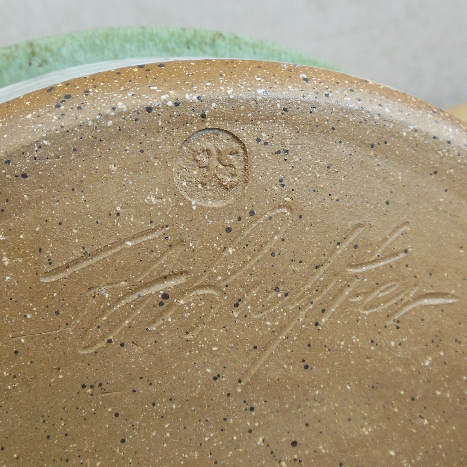Unknown Signed Studio Pottery Bowl Green White Reverse FS Chop Mark Mark Mark