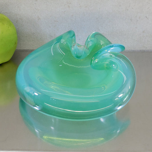 Murano Glass Unsigned Opaline Fade Blue Green Folded Bowl 7"