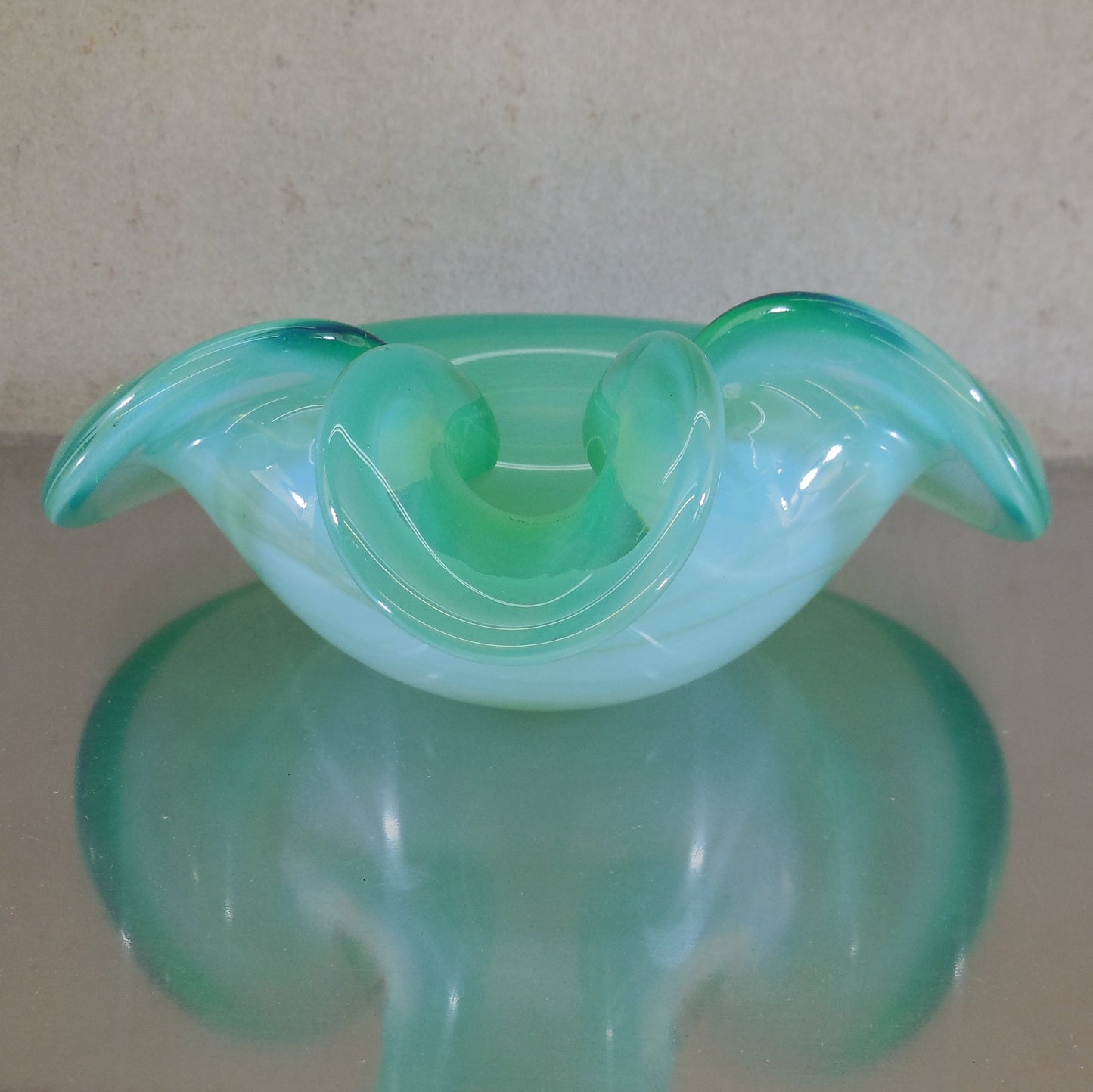 Murano Glass Unsigned Opaline Fade Blue Green Folded Bowl 7" White