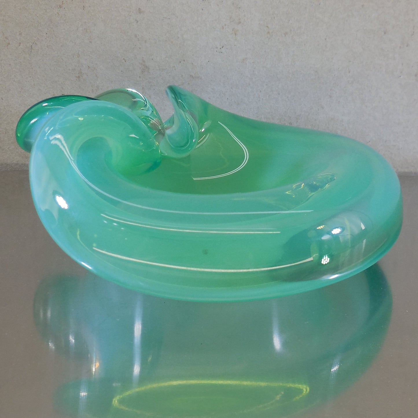Murano Glass Unsigned Opaline Fade Blue Green Folded Bowl 7" MCM