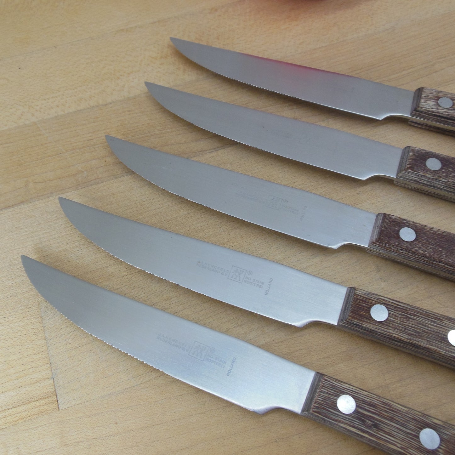 J.A. Henckels Holland 5 Set Stainless Steak Knives - Wood Handles Vintage