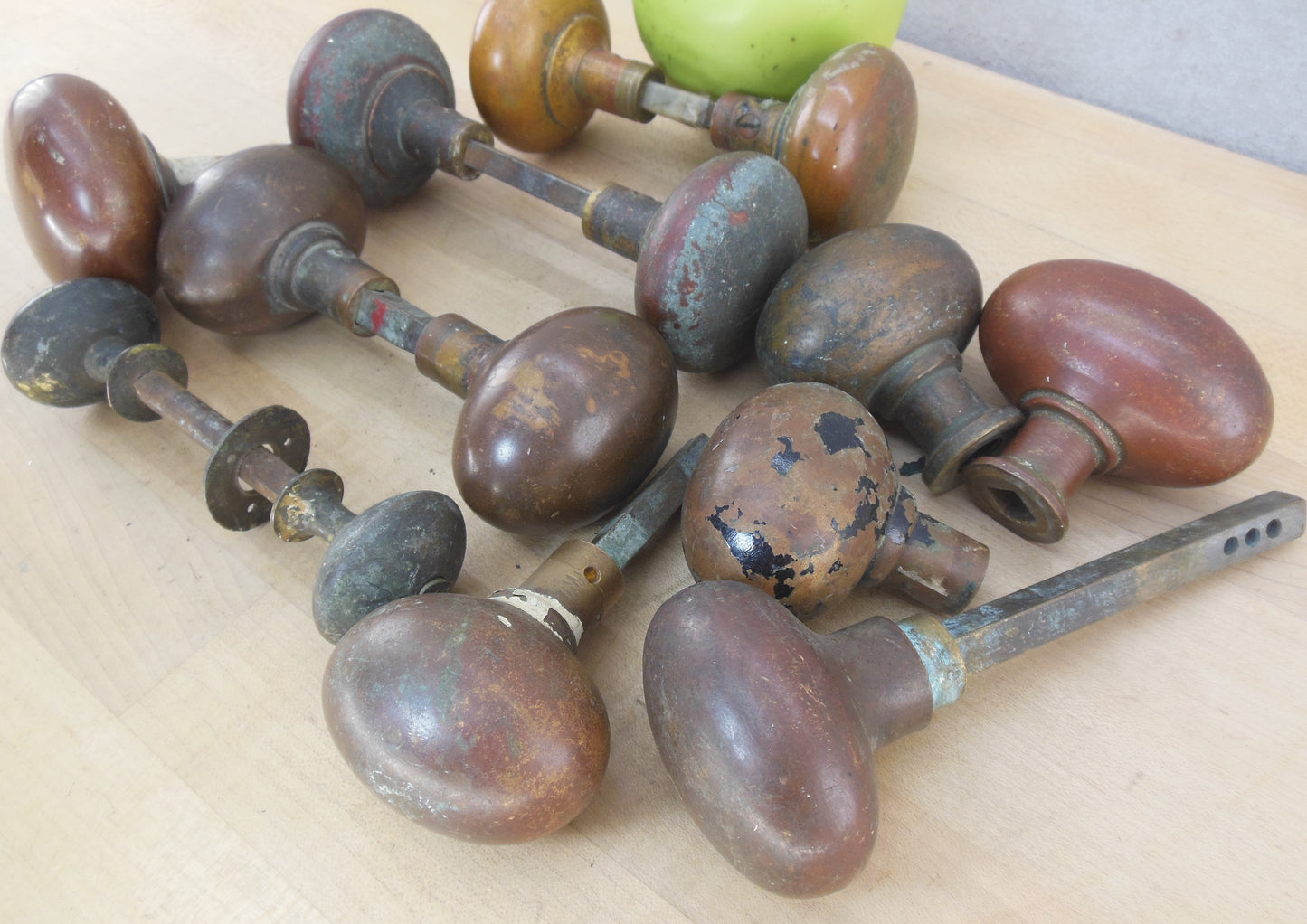 Antique 14 Lot Victorian Bronze/Brass Door Knobs (4 sets) - Oval & Round Plain unrestored