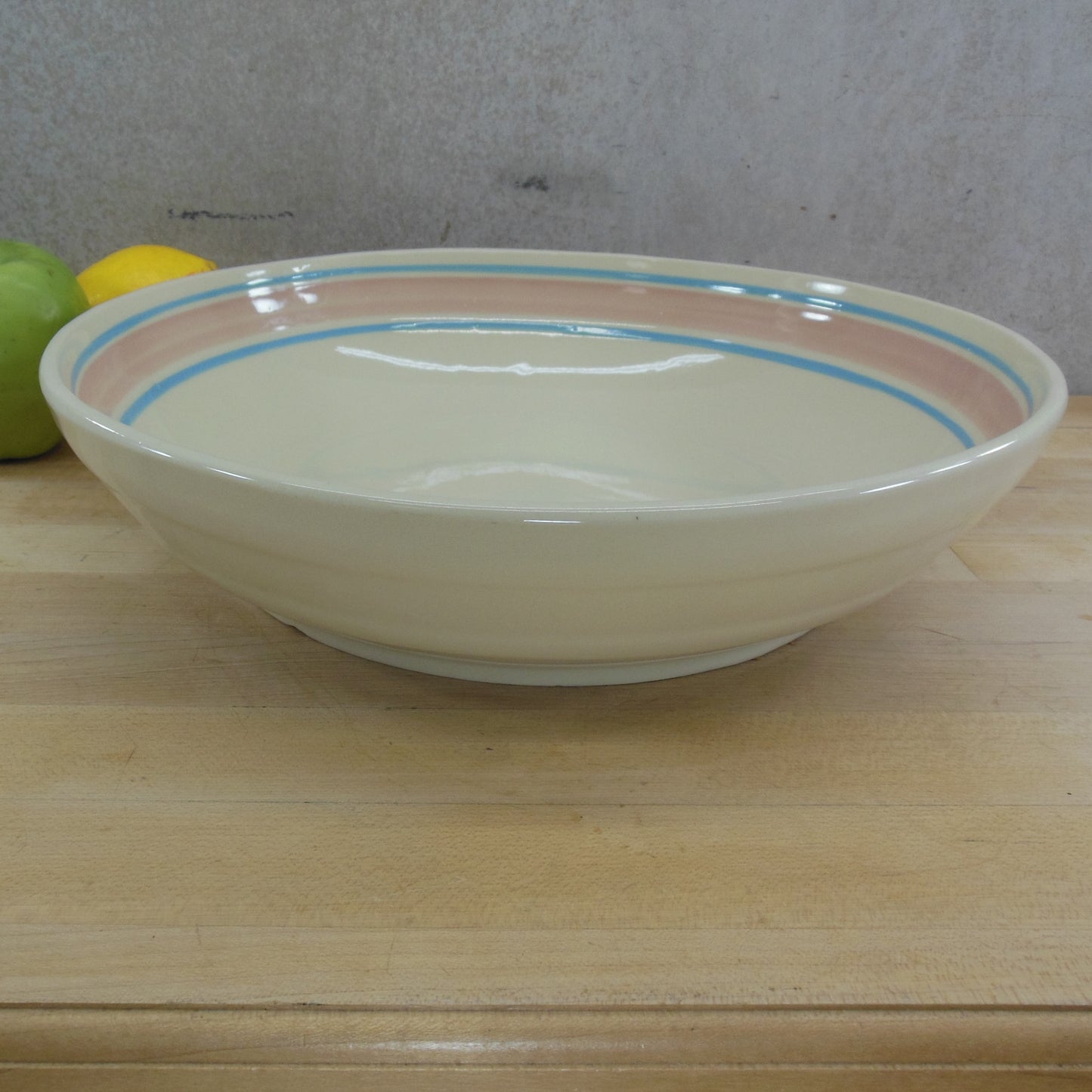 McCoy Pottery USA Ovenproof 12" Pasta Salad Serving Bowl Blue Pink Stripe Bands