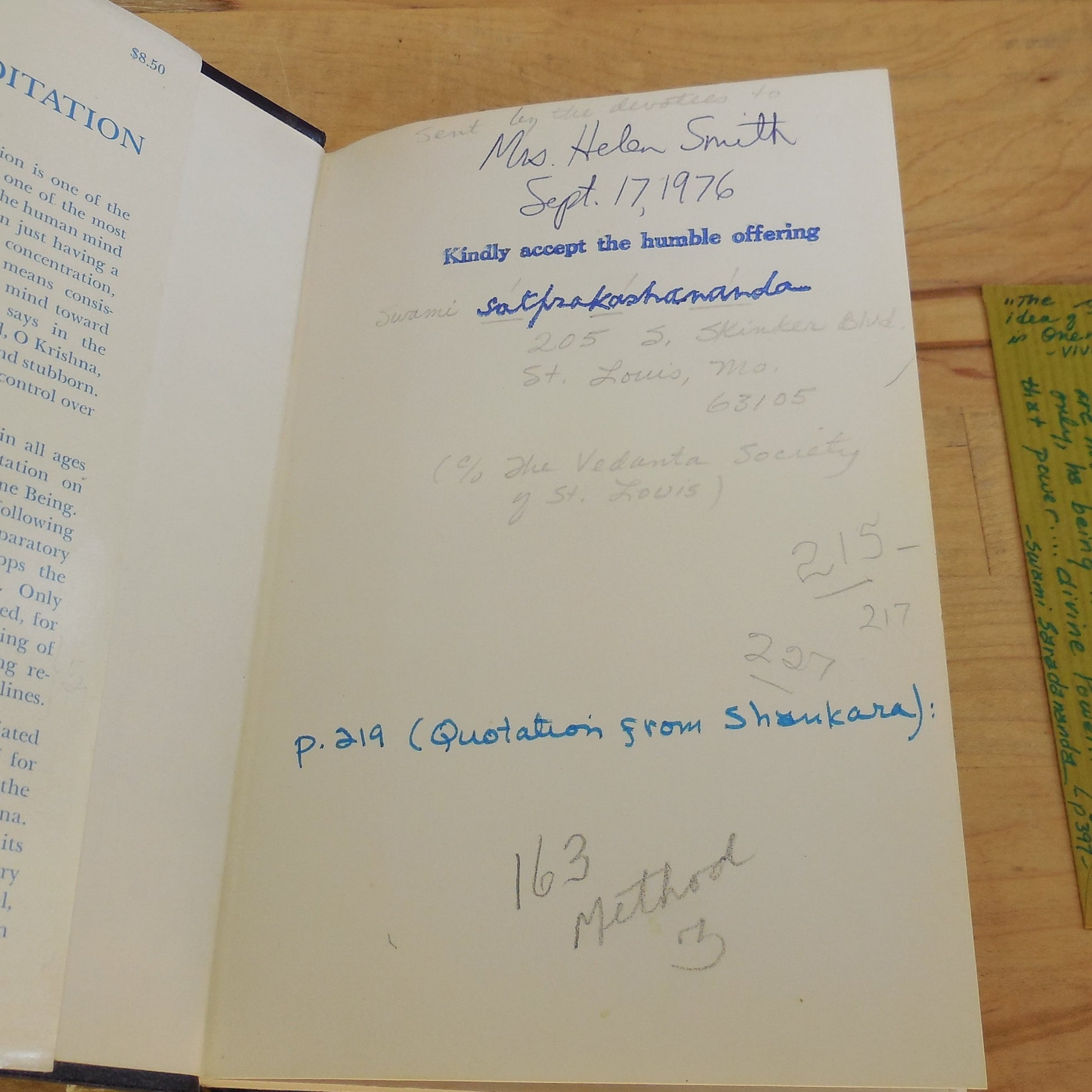 Swami Satprakashananda Stamp Signed Book - Meditation: Its Process, Etc. Presentation