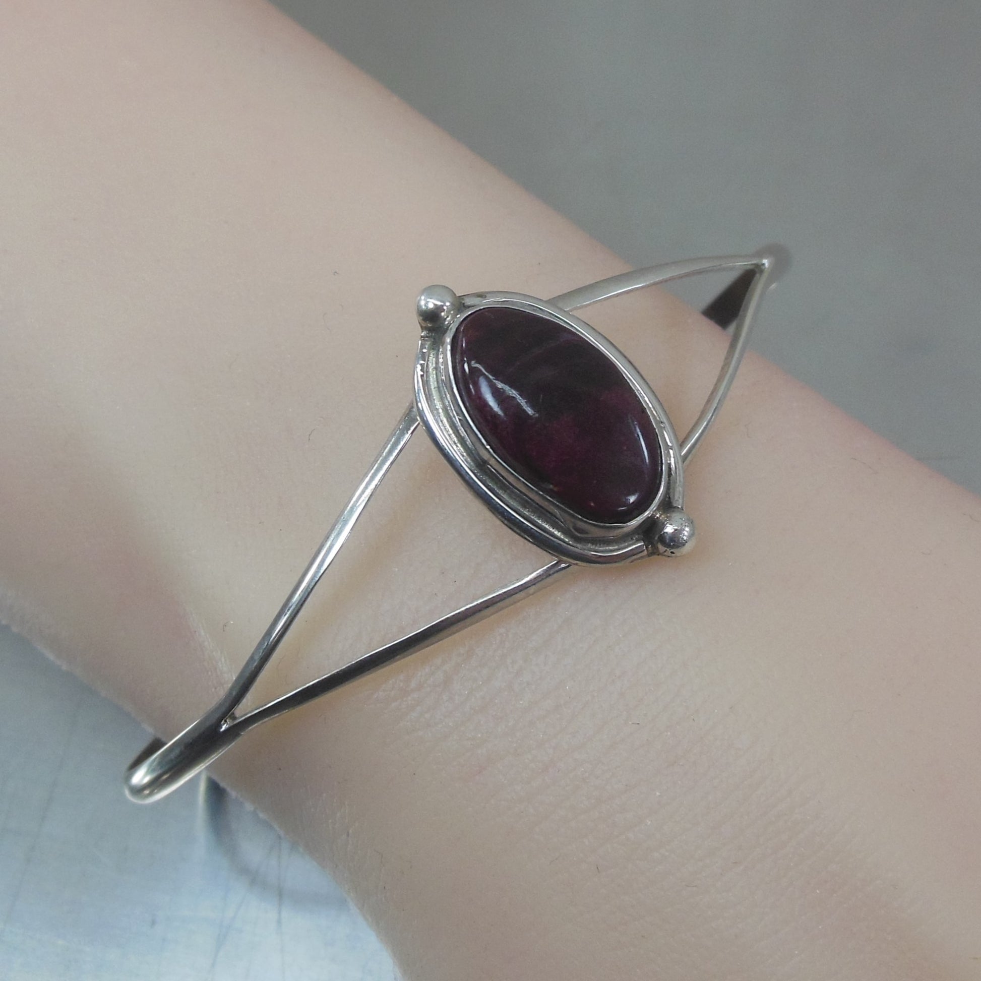 Signed H Native American Sterling Silver Purple Cabochon Cuff Bracelet