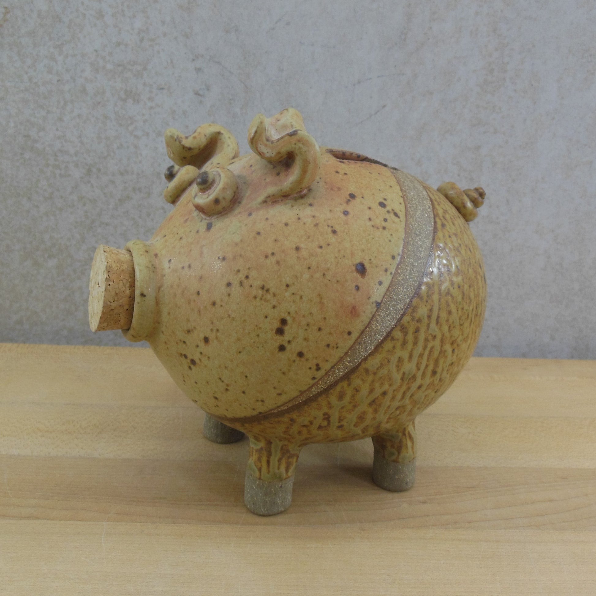 Unbranded Stoneware Pottery Piggy Bank Multi Brown Glaze Cork
