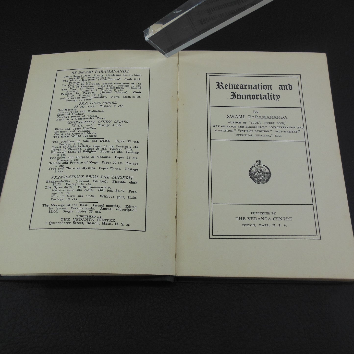 Swami Paramananda Book - Reincarnation and Immortality 1923 title page