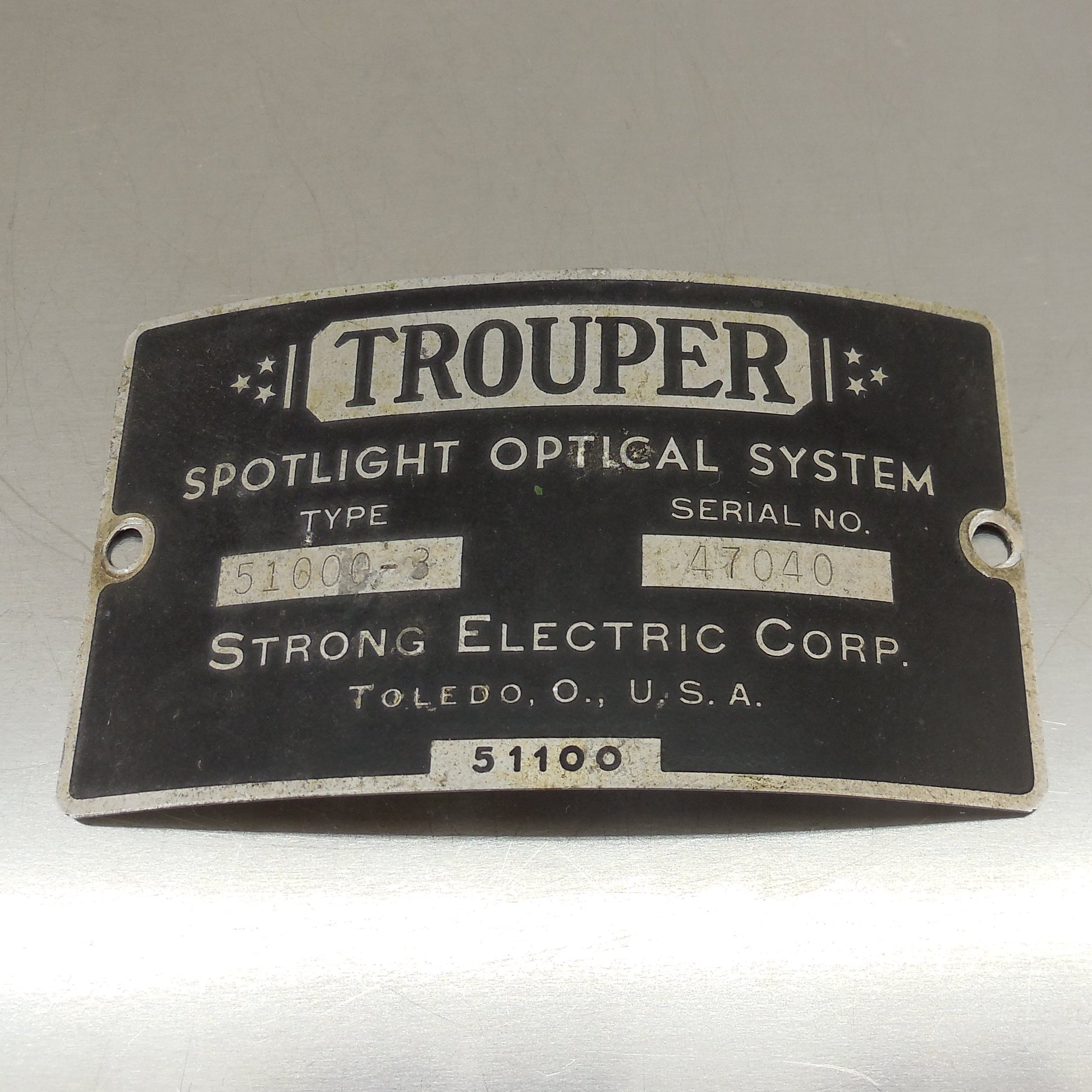 Trouper Spotlight Optical System Serial Badge Tag Metal Badge 51000-3 Used