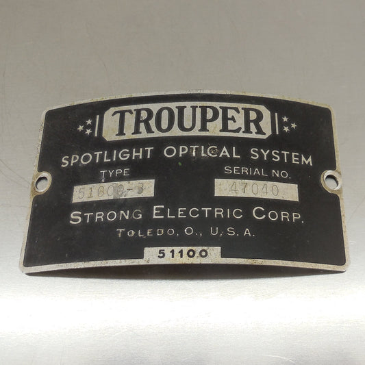 Trouper Spotlight Optical System Serial Badge Tag Metal Badge 51000-3 Used