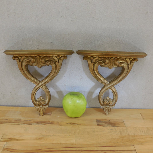 Syroco USA MCM Hollywood Regency Ornate Washed Gold Wall Shelves Pair