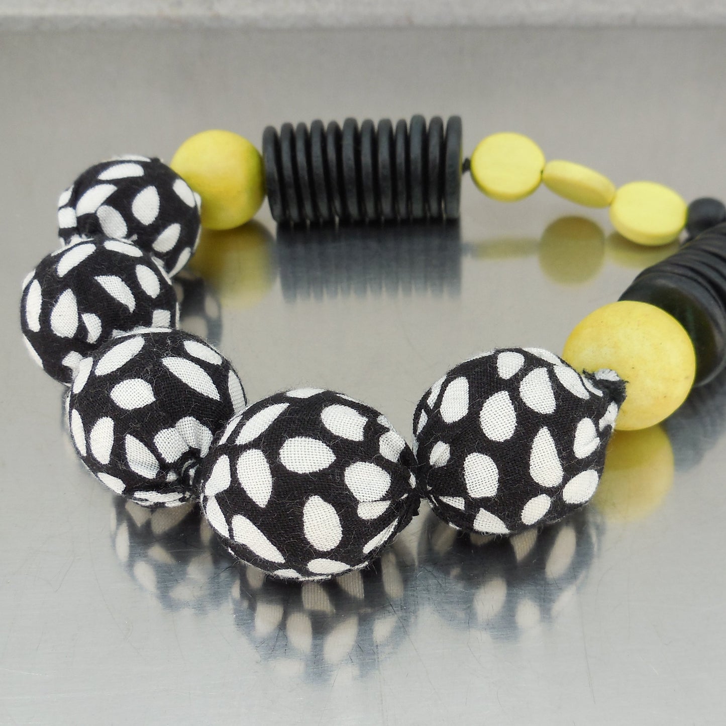 Sylca Designs Ball Disc Bead Necklace Black Yellow White Cloth Wood