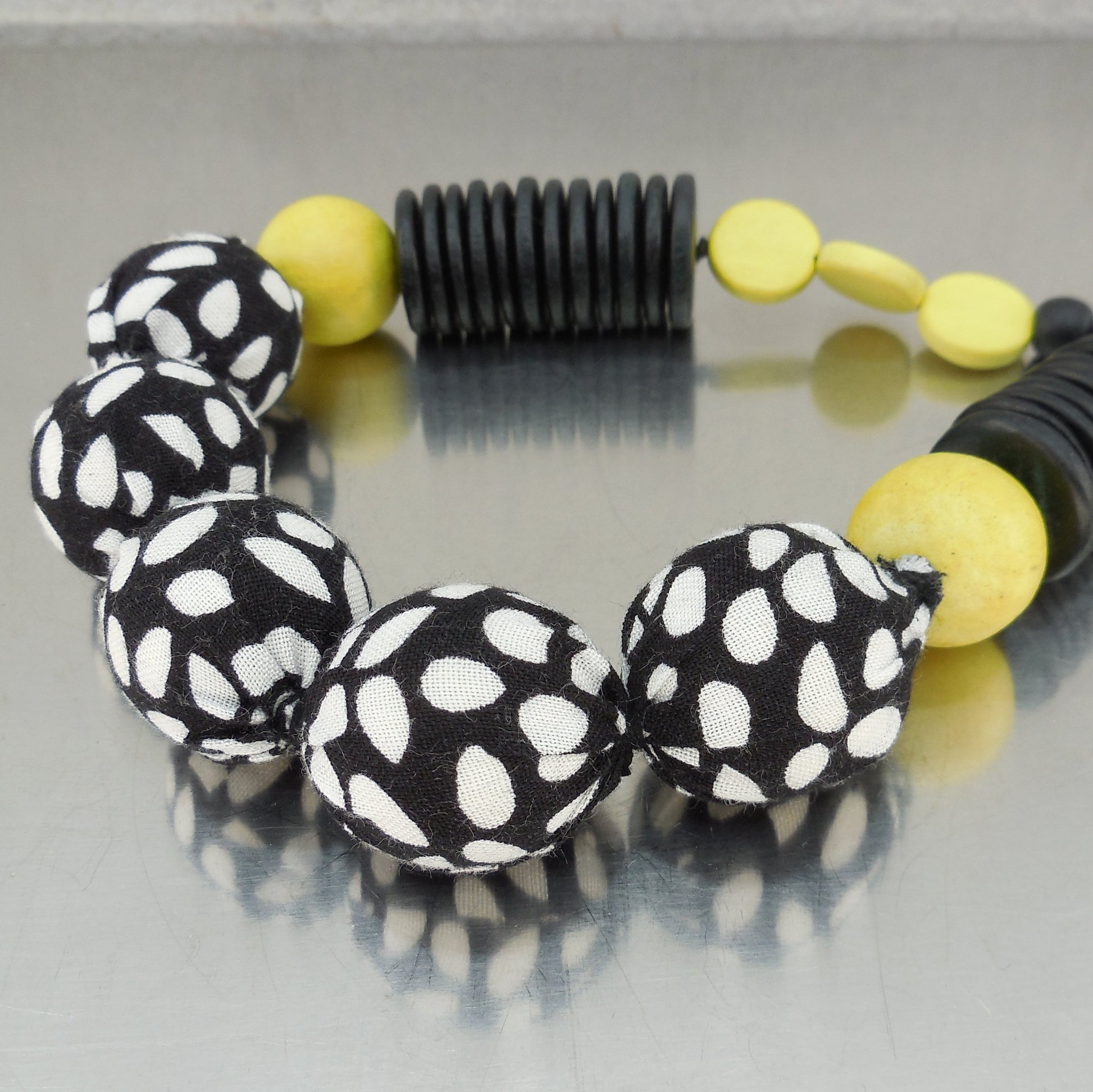 Sylca Designs Ball Disc Bead Necklace Black Yellow White Cloth Wood