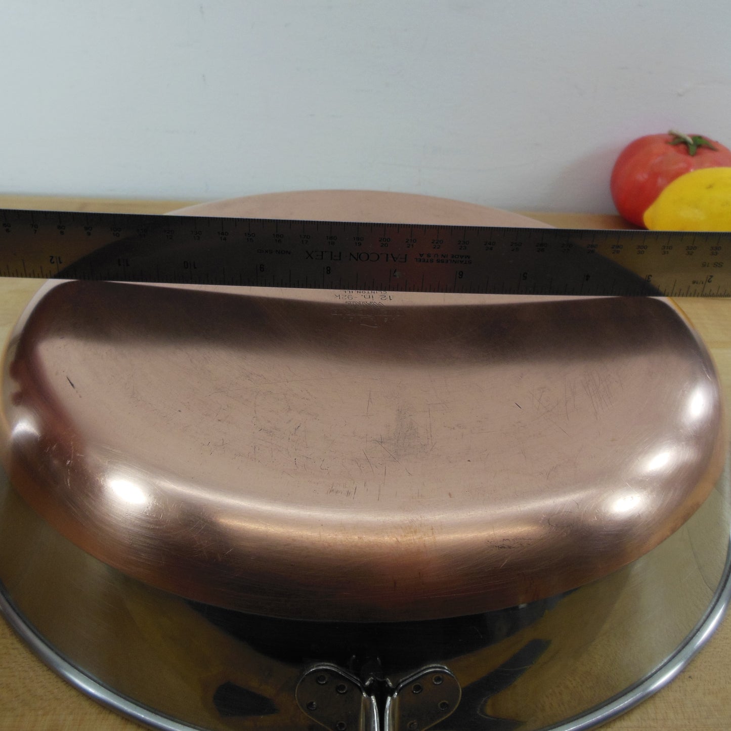 Revere Ware 12" Fry Pan Skillet Chicken Fryer Stainless Copper Clad 1992 Clinton Ill. Bow