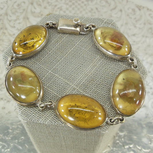 Mexico 925 Sterling Silver Amber Cabochon Link Bracelet